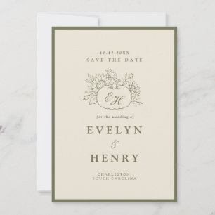 Olive Sage Fall Botanical Monogram Save the Date Invitation