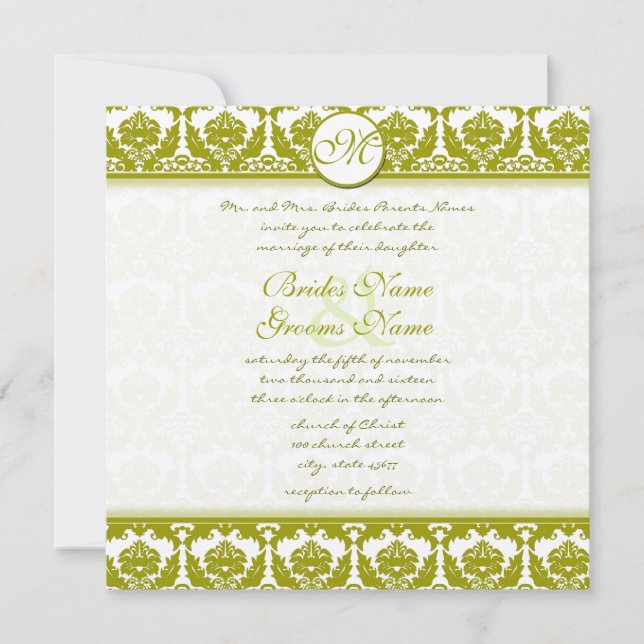 Olive Sage Green Floral Damask Monogram Invitation (Front)