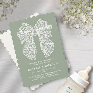 Olive Sage Green Floral Lace Coquette Baby Shower Invitation