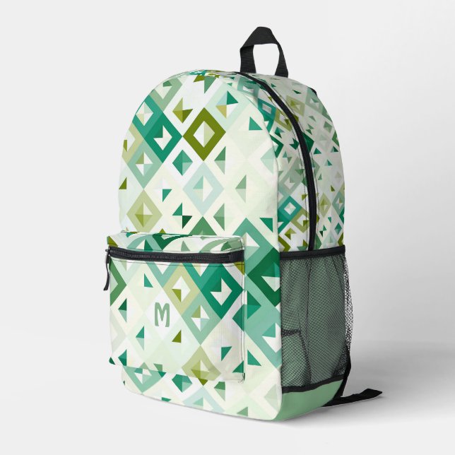 Olive Sage Green Ivory Midcentury Squares Pattern Printed Backpack (Back Corner Right)
