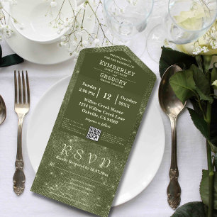 Olive Sage Green Shimmer Faux Burlap QR Code  All In One Invitation