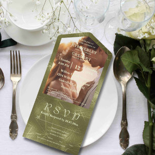 Olive Sage Green Shimmer Line Background Photo All In One Invitation