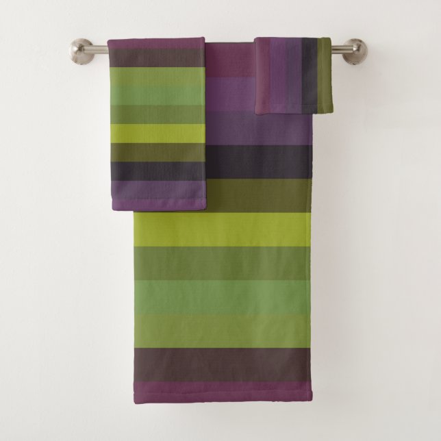 Olive, Sage & Plum Moody Vertical Stripes Bath Towel Set (Insitu)