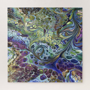 Olive Sage purple blue gold leafy bubbles abstract Jigsaw Puzzle