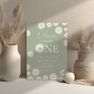 Olive Sage Retro Daisy Floral 1st Birthday Party  Invitation