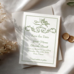 Olive Sage Toile de Jouy Cherub Save the Date Card