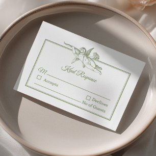 Olive Sage Toile de Jouy Cherub Wedding RSVP Card