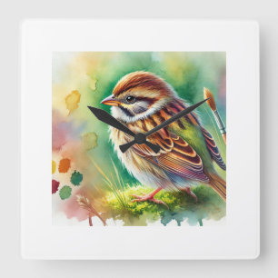 Olive Sparrow Watercolor Harmony 300824AREF151 - W Square Wall Clock