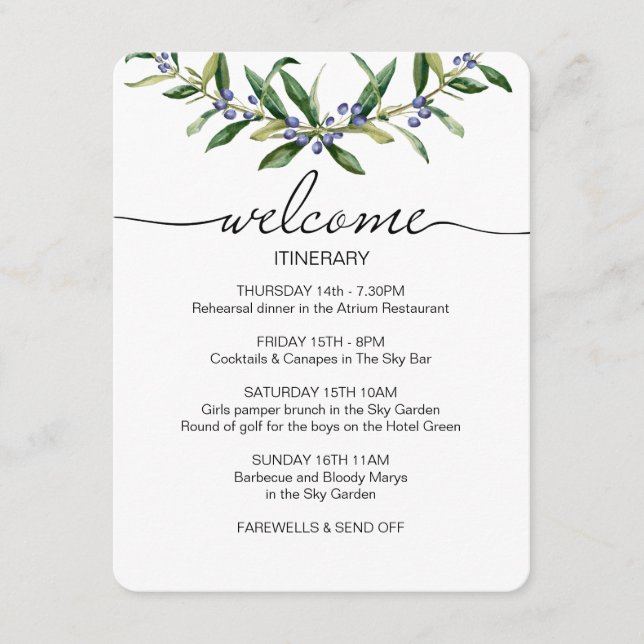 Olive Sprig Wedding Itinerary Welcome Favour Enclosure Card (Front)
