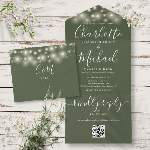 Olive String Lights QR Code Monogram Wedding All In One Invitation