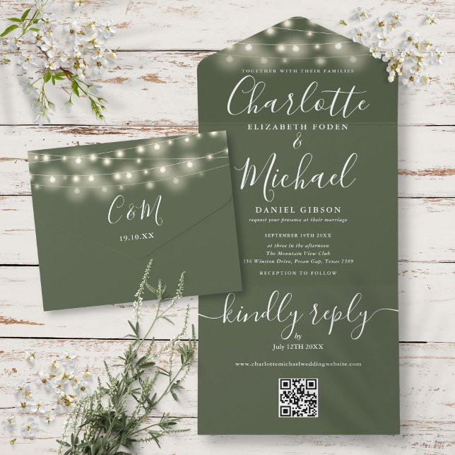 Olive String Lights QR Code Monogram Wedding  All In One Invitation (Olive String Lights QR Code Monogram Wedding All In One Invitation)