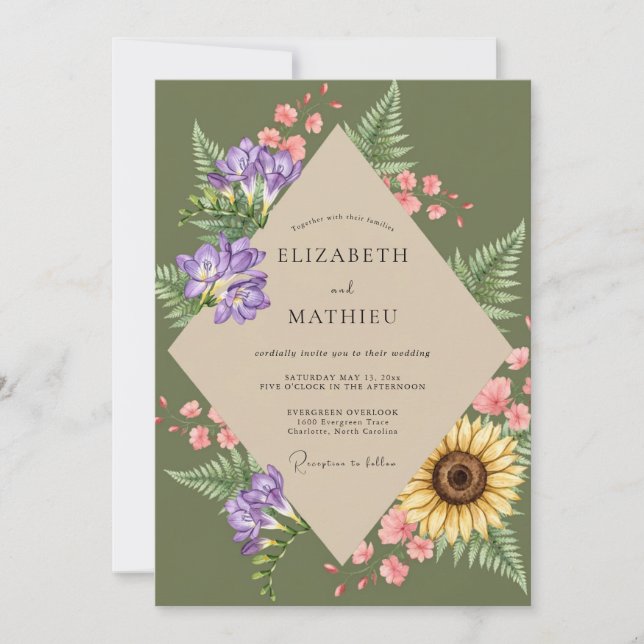 Olive Sunflower Fern Wedding Invitation (Front)