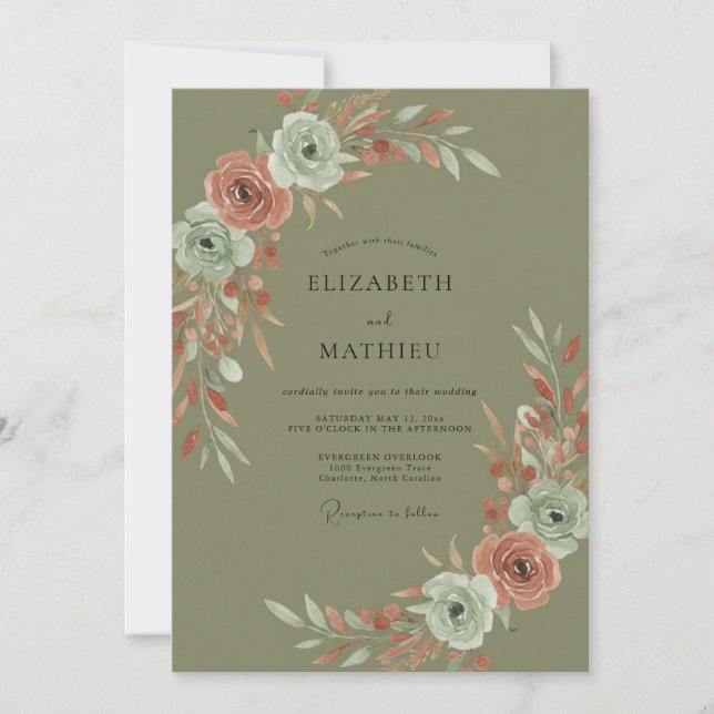 Olive Terracotta Ranunculus Eucalyptus Wedding Invitation (Front)