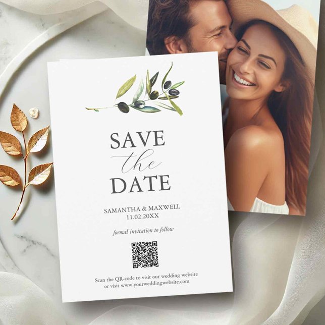 Olive Theme Photo QR Code Save The Dates Date (QR code save the date invitations with photo and olive branch. )