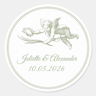 Olive Toile de Jouy Cupid Classic Round Wedding St Classic Round Sticker
