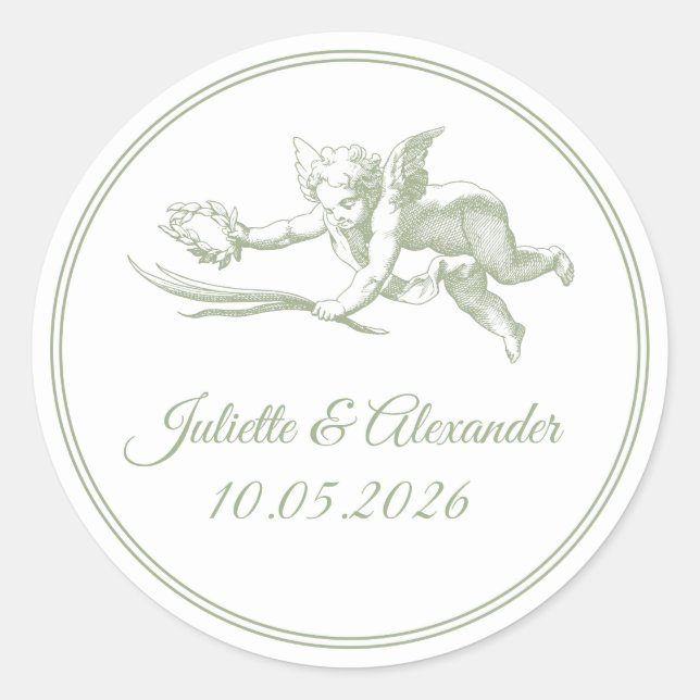 Olive Toile de Jouy Cupid Classic Round Wedding St Classic Round Sticker (Front)