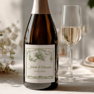 Olive Toile de Jouy Wedding Bottle Label