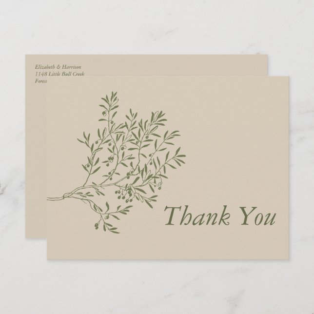Olive Tree Branch, Rustic & Minimalistic Thank You Postcard (Front/Back)