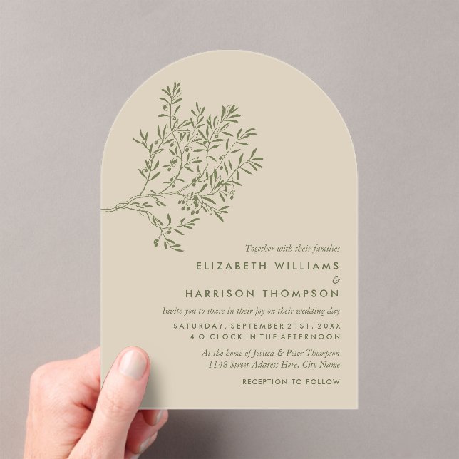 Olive Tree Branch, Rustic & Minimalistic Wedding Acrylic Invitations (Insitu (Handheld))