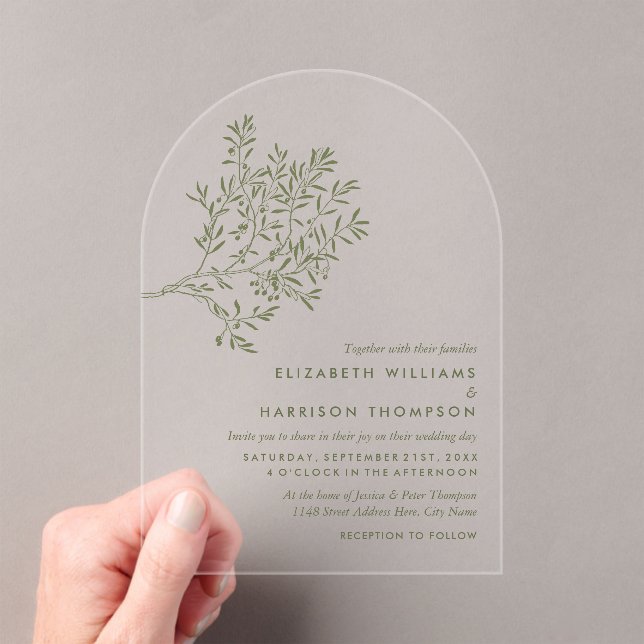 Olive Tree Branch, Rustic & Minimalistic Wedding Acrylic Invitations (Insitu (Handheld))