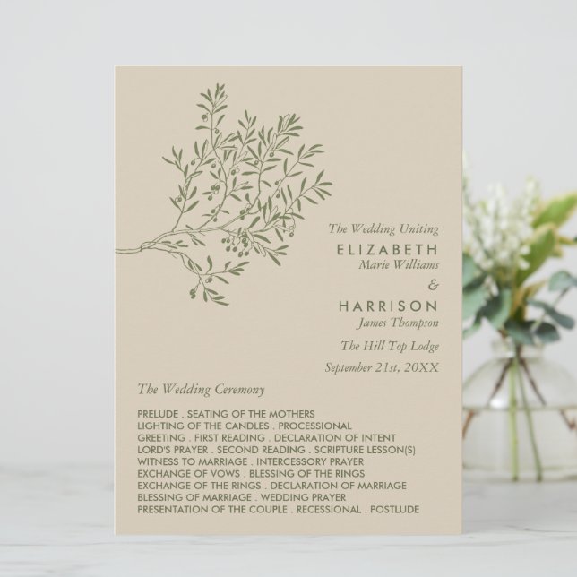 Olive Tree Branch, Rustic & Minimalistic Wedding Programme (Standing Front)