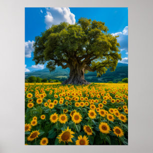 Olive Tree in Sunflower Field Poster