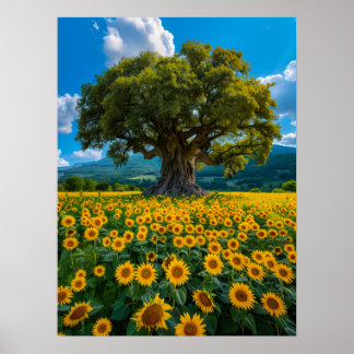 Olive Tree in Sunflower Field Poster