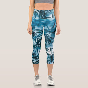 Olive tree leaves silhouette summer blue capri leggings