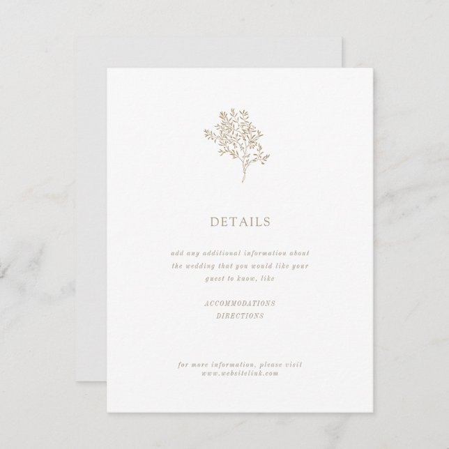 Olive Tree Minimalist Wedding Details |  Gold Enclosure Card (Front/Back)