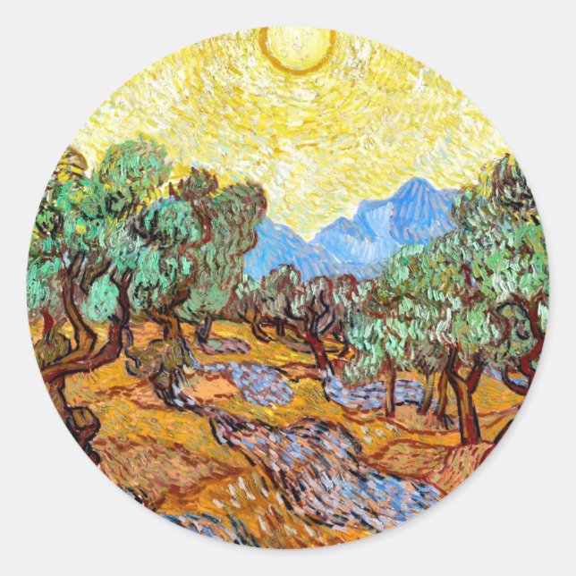 Olive Trees (1889) Vincent Van Gogh Landscape Art Classic Round Sticker (Front)