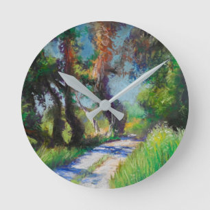 Olive Trees by the Sea – Mediterranean Pastel Round Clock