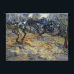 Olive Trees by Vincent Van Gogh Postcard<br><div class="desc">Olive Trees by Vincent Van Gogh, oil on canvas 1889, is a landscape painting of the gnarled, twisted forms of an olive orchard growing from rocky, sandy soil under a brightly lit sky. Painted in swirling strokes of thickly applied, impasto oil colours, the branches and leaves swirl above the staccato...</div>