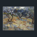 Olive Trees by Vincent Van Gogh Postcard<br><div class="desc">Olive Trees by Vincent Van Gogh, oil on canvas 1889, is a landscape painting of the gnarled, twisted forms of an olive orchard growing from rocky, sandy soil under a brightly lit sky. Painted in swirling strokes of thickly applied, impasto oil colours, the branches and leaves swirl above the staccato...</div>