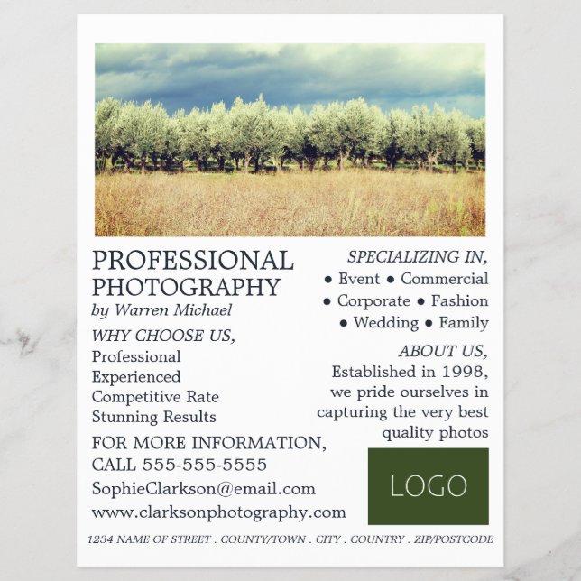Olive Trees, Photography, Photographer Hire Flyer (Front)