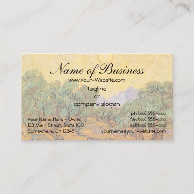 Olive Trees w Yellow Sky, Sun by Vincent van Gogh Business Card (Front)