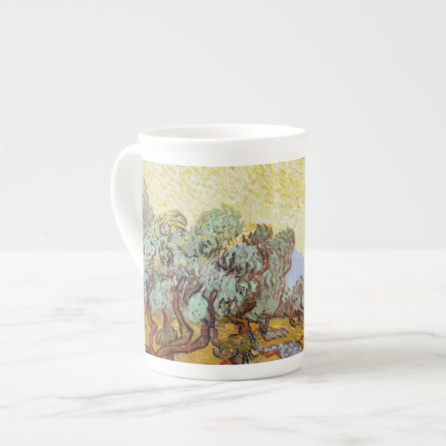 Olive Trees with yellow sky and sun    Bone China Mug (Front Left)