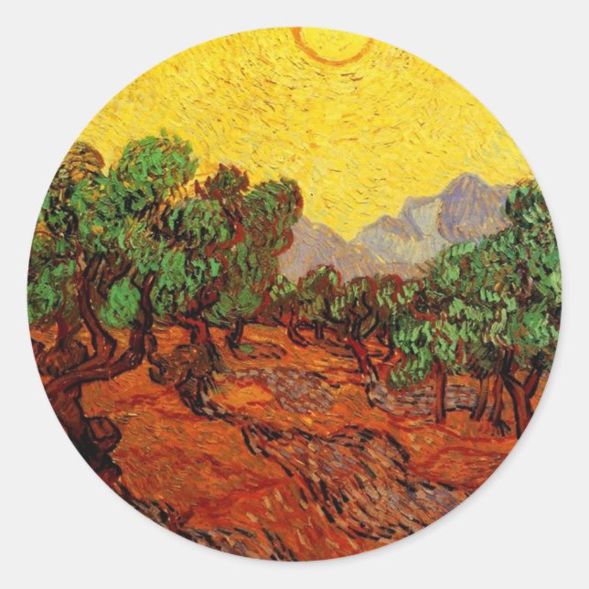 Olive Trees with Yellow Sky and Sun Classic Round Sticker (Front)