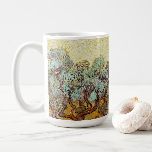 Olive Trees with yellow sky and sun    Coffee Mug (With Donut)