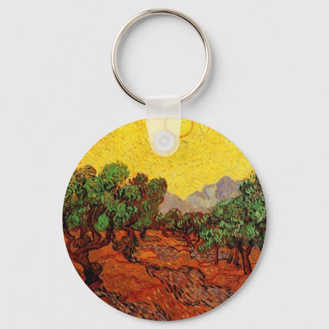 Olive Trees with Yellow Sky and Sun Key Ring (Front)