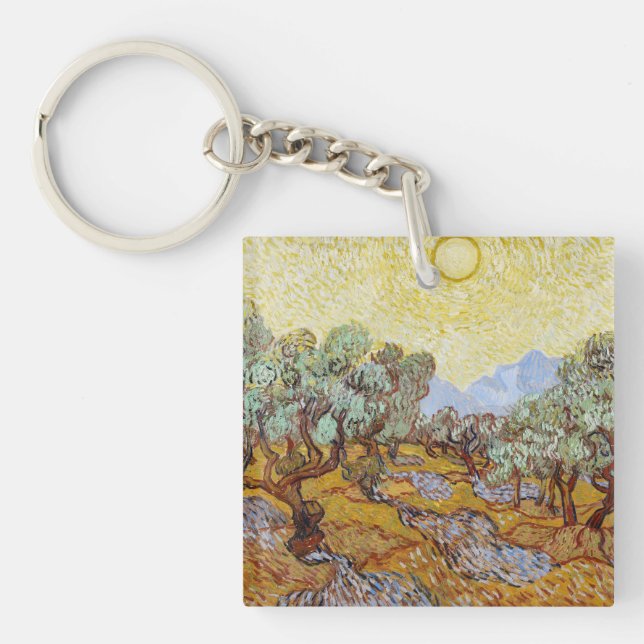 Olive Trees with yellow sky and sun  Key Ring (Front)