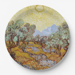 Olive Trees with yellow sky and sun Paper Plate