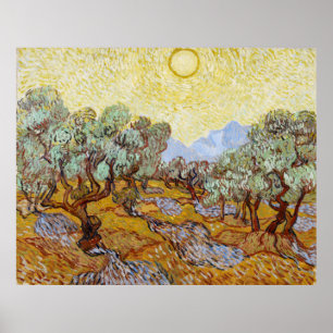 Olive Trees with yellow sky and sun Poster