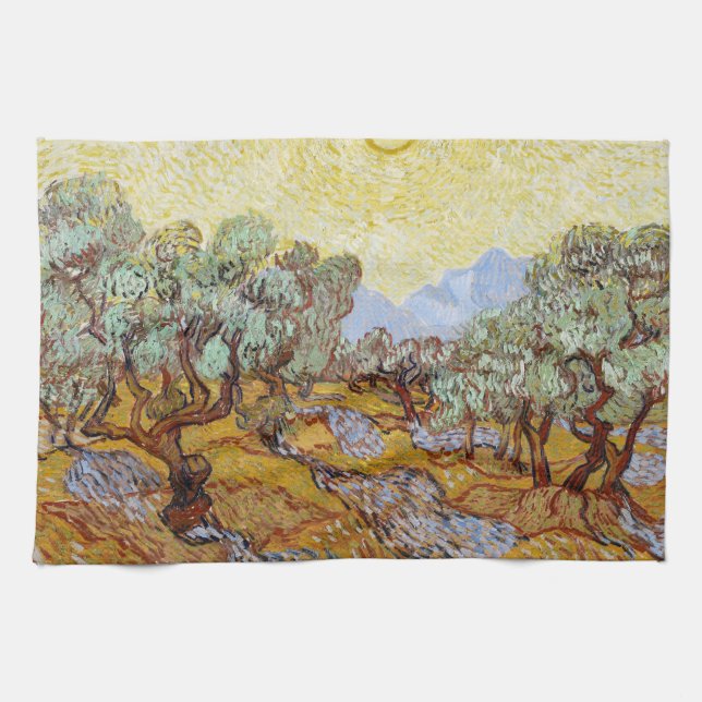 Olive Trees with yellow sky and sun   Tea Towel (Horizontal)