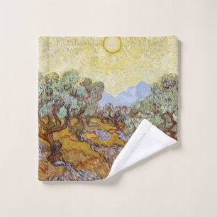 Olive Trees with yellow sky and sun Wash Cloth