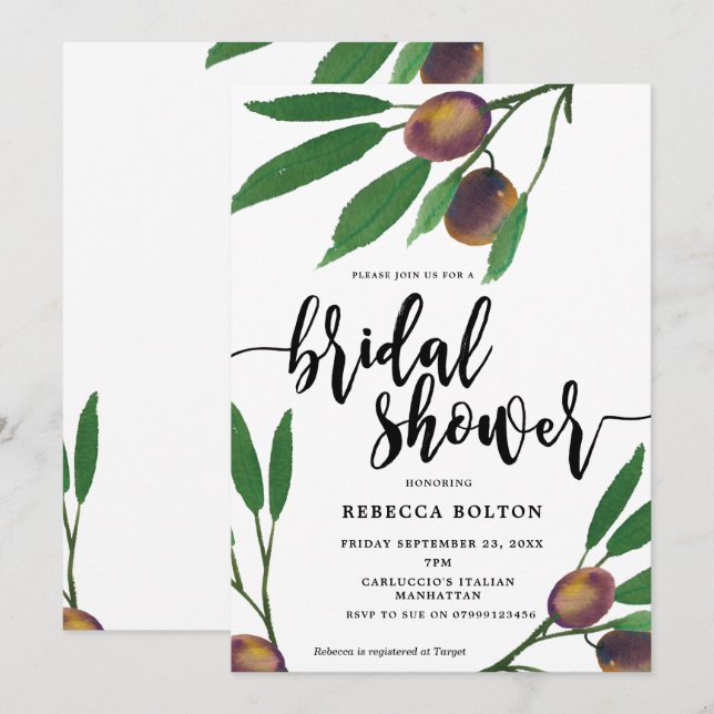 olive tuscan laurel modern bridal shower invite (Front/Back)