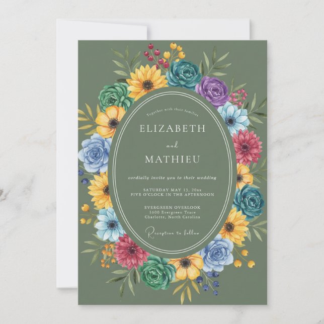 Olive Vibrant Wildflower Wedding Invitation (Front)