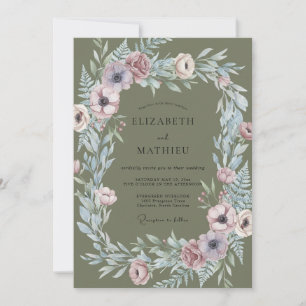 Olive Vintage Mauve Wreath Wedding Invitation