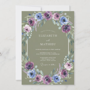 Olive Violet Watercolor Floral Wedding Invitation