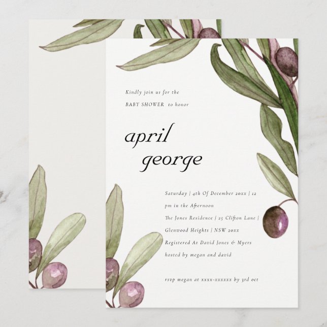 OLIVE WATERCOLOR FOLIAGE BABY SHOWER INVITE (Front/Back)