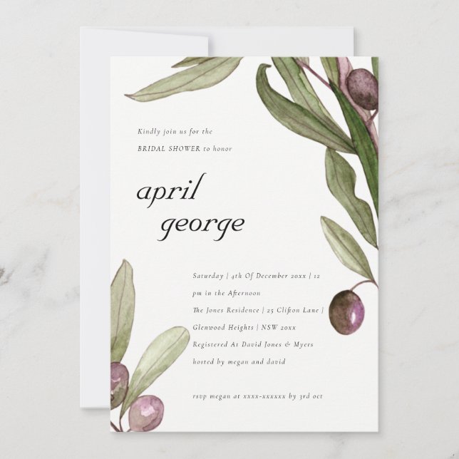 OLIVE WATERCOLOR FOLIAGE BRIDAL SHOWER INVITE (Front)